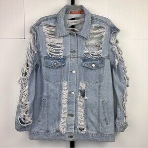 Thirty Six Point Five Distressed Denim Jacket Women Small Blue Grunge Streetwear